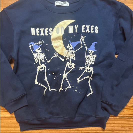 Wound Up funny Halloween blue skeleton hexes on my exs crew sweatshirt SIZE M
