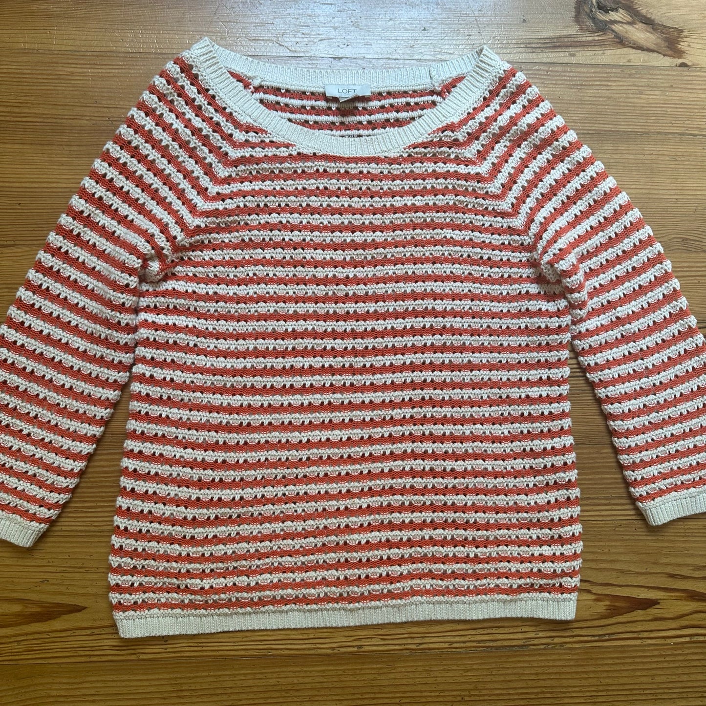 Loft orange white striped loose knit quarter sleeve boat neck sweater SIZE M