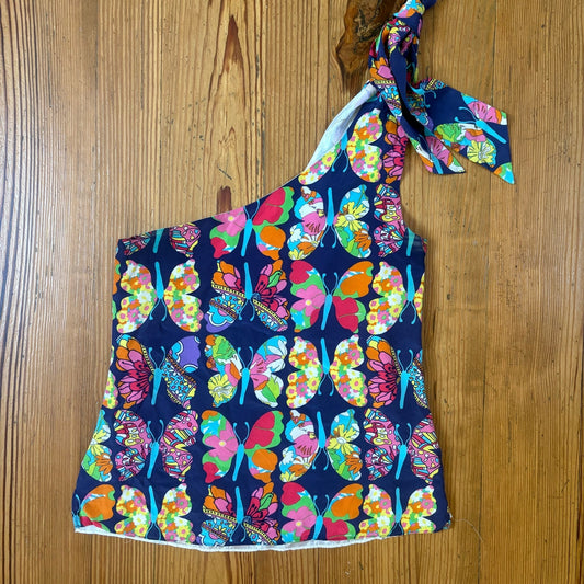 Lilly Pulitzer silk blue colorful butterflies one shoulder tie blouse SIZE 0