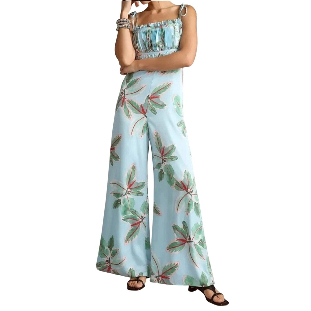 Anthropologie Hutch blue floral tropical resort ruched wide leg jumpsuit SIZE 4