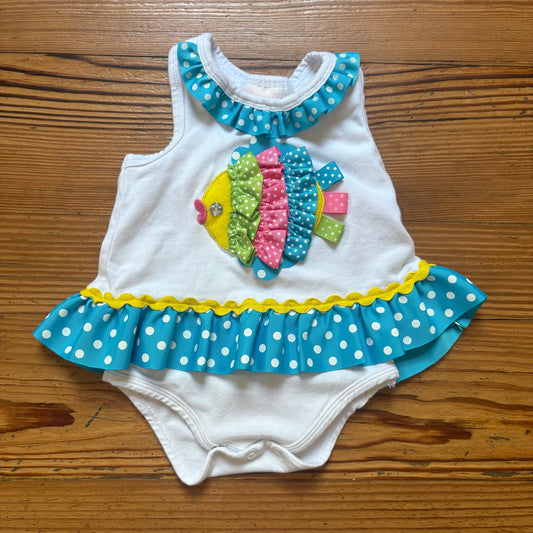 Bonnie Jean white blue polkadot ruffle fish tank baby bodysuit SIZE 3-6M