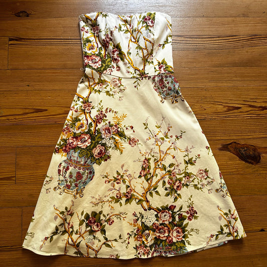 Moda International beige floral antique vase strapless midi dress SIZE 8