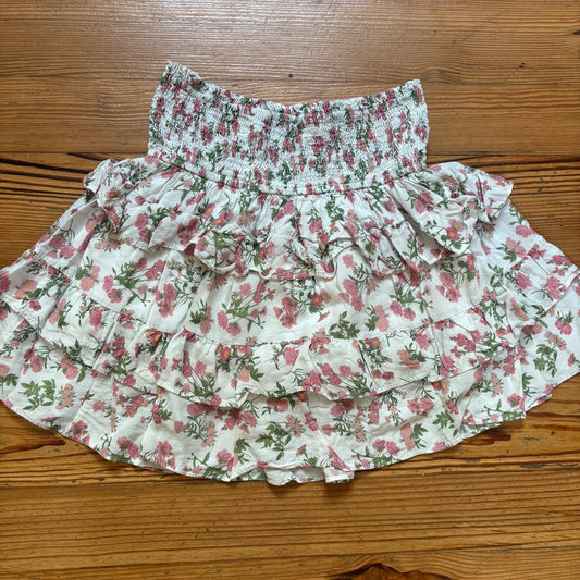 Olivaceous white pink floral ruched smocked tiered ruffle strapless top SIZE M