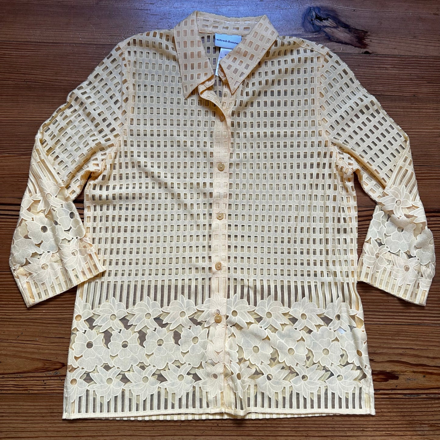 Alfred Dunner pastel yellow floral checked sheer button up shirt SIZE 10