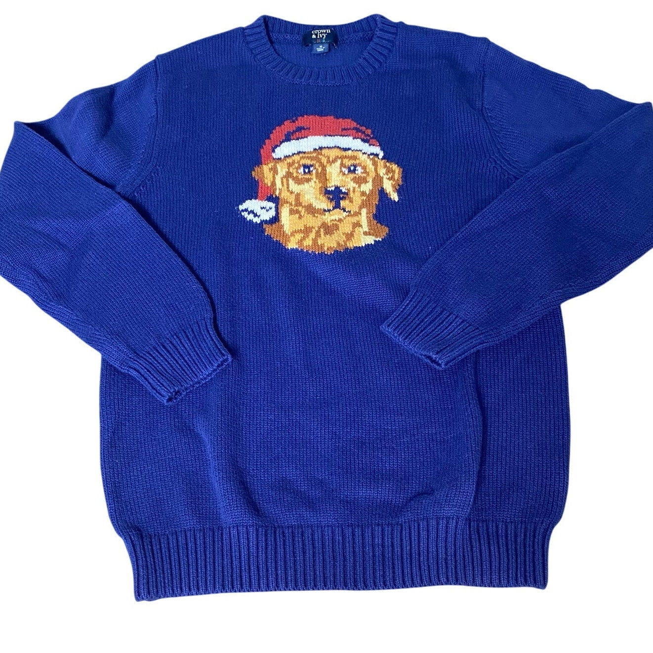 Crown & Ivy royal blue knit Santa hat Golden Retriever crew sweater SIZE M