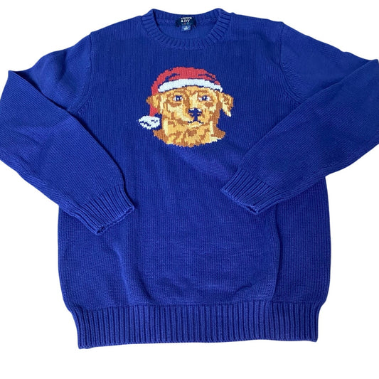 Crown & Ivy royal blue knit Santa hat Golden Retriever crew sweater SIZE M