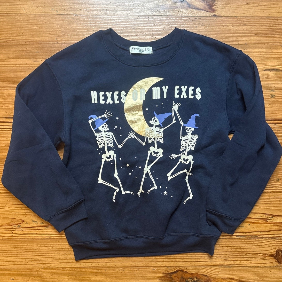 Wound Up funny Halloween blue skeleton hexes on my exs crew sweatshirt SIZE M