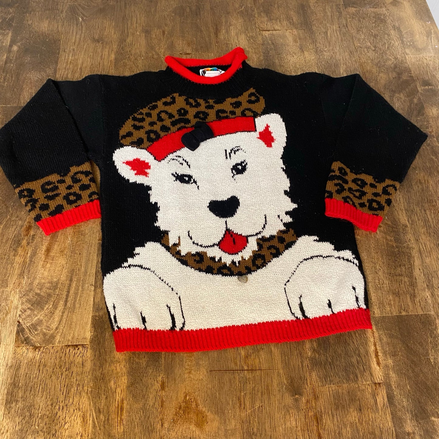 VTG Jet Set black white dog cheetah knit girls pullover sweater SIZE 7/8