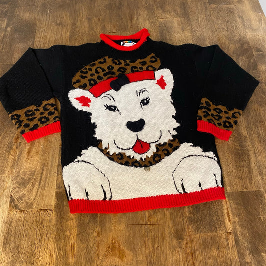 VTG Jet Set black white dog cheetah knit girls pullover sweater SIZE 7/8