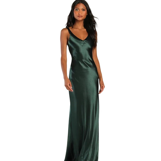 NWT Lulus dark green satin low back long formal gown dress SIZE L