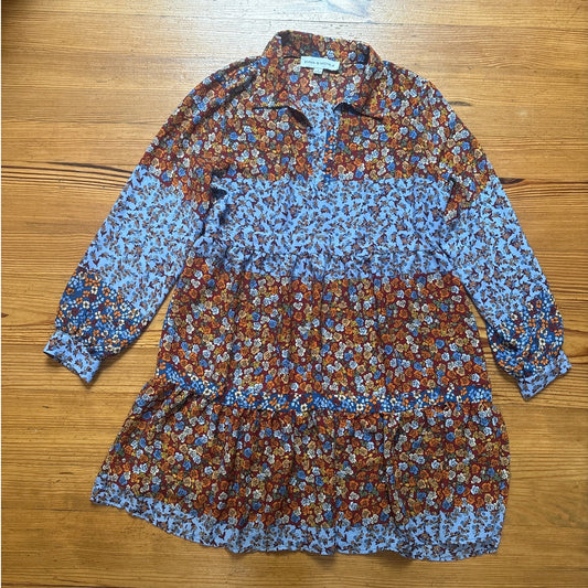 Emma & Michele red blue boho floral babydoll collar tiered log sleeve dress SIZE M