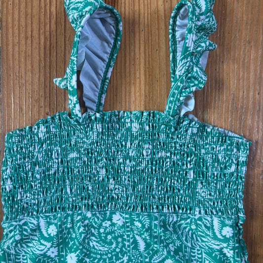 Crown & Ivy green white smocked ruffle strap swimsuit SIZE 6