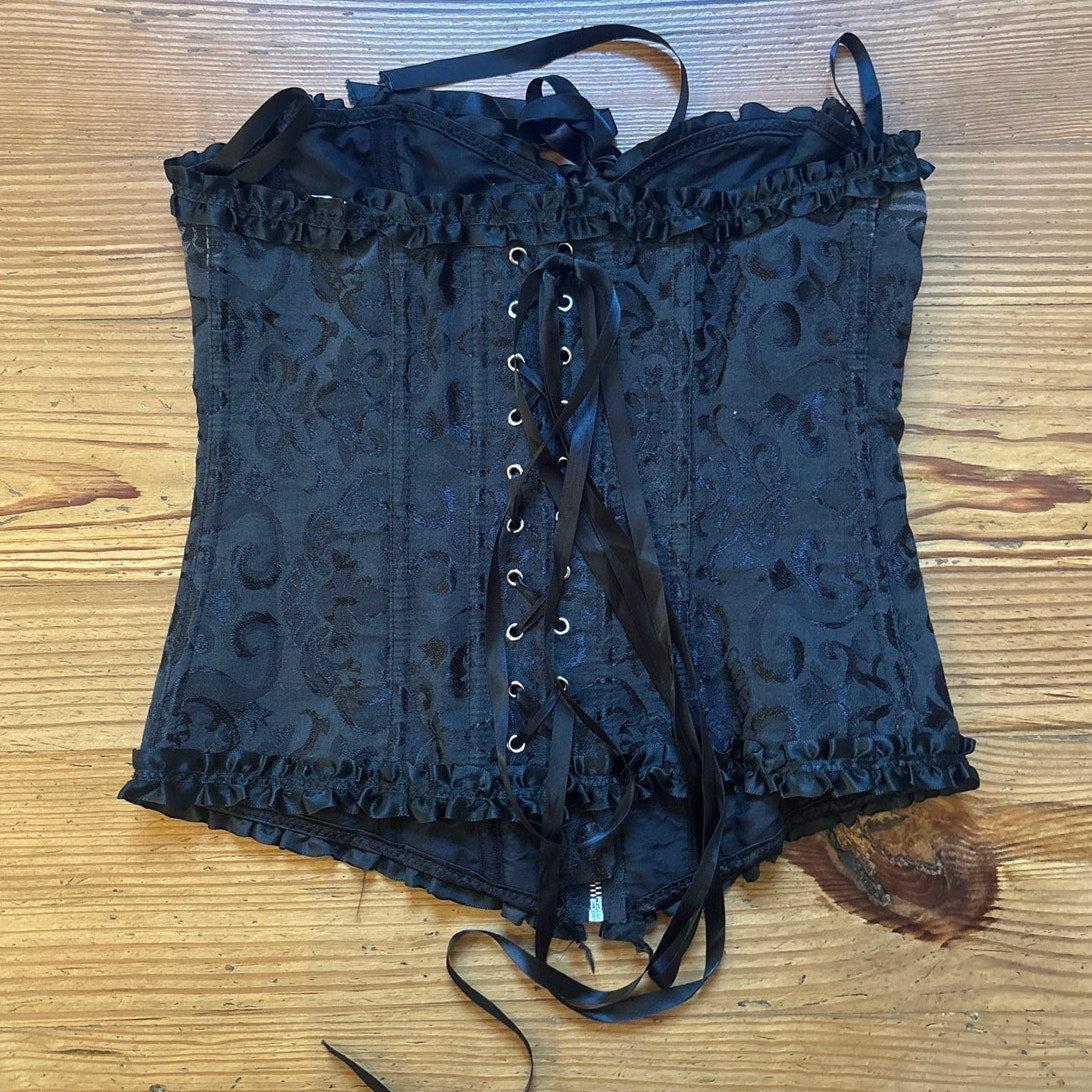 Black satin floral detail zip front lace back corset top SIZE L