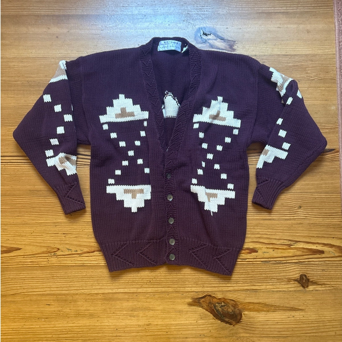 Henry Grethel red hand knit geometric western button cardigan sweater SIZE L