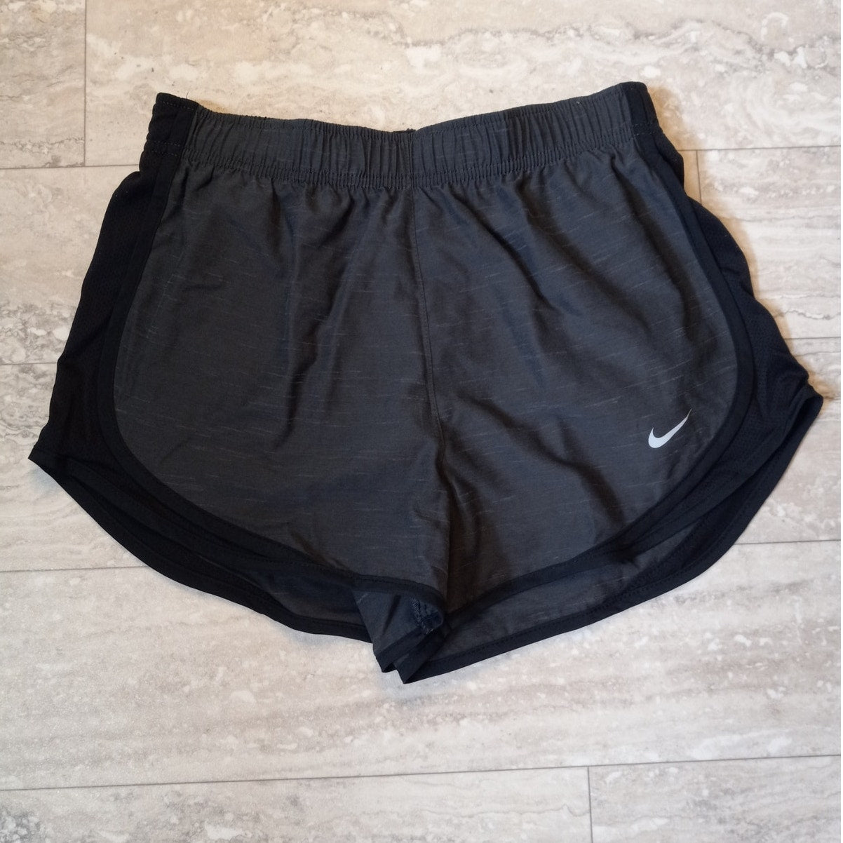 NWT Nike Dri Fit gray black standard fit lined womens running shorts SIZE S