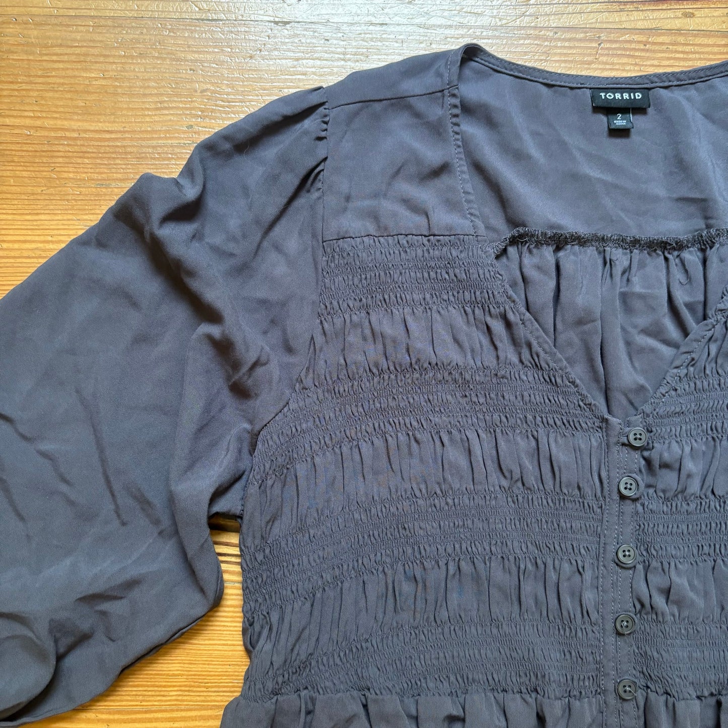 Torrid dark gray quarter sleeve button up smocked blouse shirt SIZE 2XL