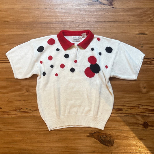 VTG Leslie Fay white black red polka dot collar short sleeve sweater SIZE M