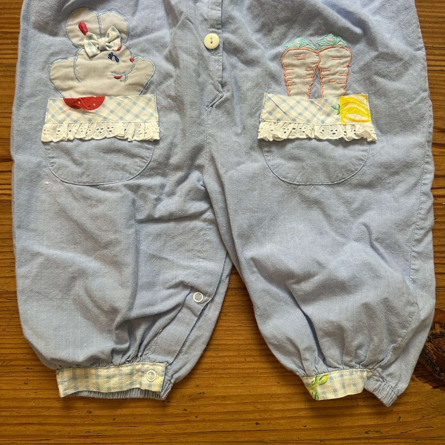 Vintage light blue ruffle lace trim vegetable bunny short sleeve one piece SIZE 12M