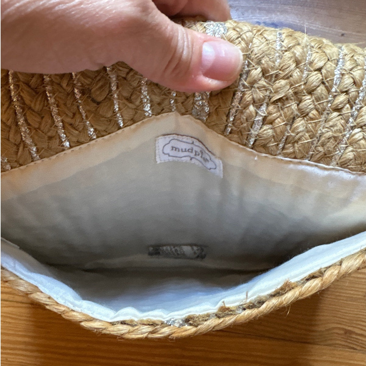 NWT Mud Pie blue tassel metallic jute clutch