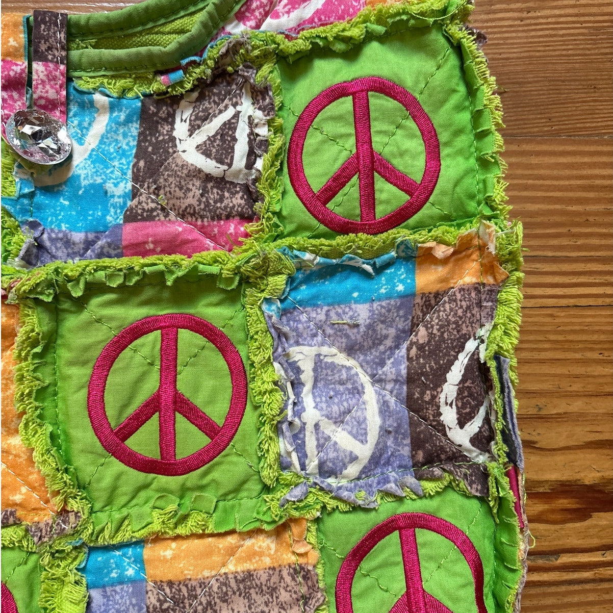 Green colorful patchwork peace sign boho crossbody rag bag