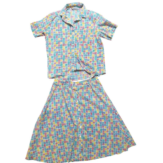 Harbour Isle primary color y2k short sleeve button up midi skirt set SIZE M