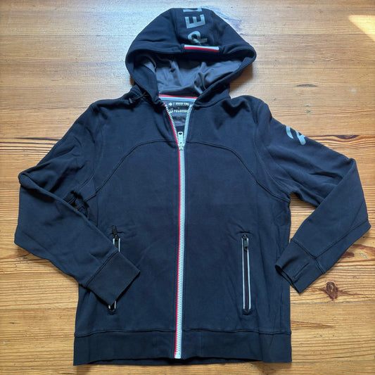 Fourlaps Peloton black gray lettering full zip mens hooded sweater SIZE L