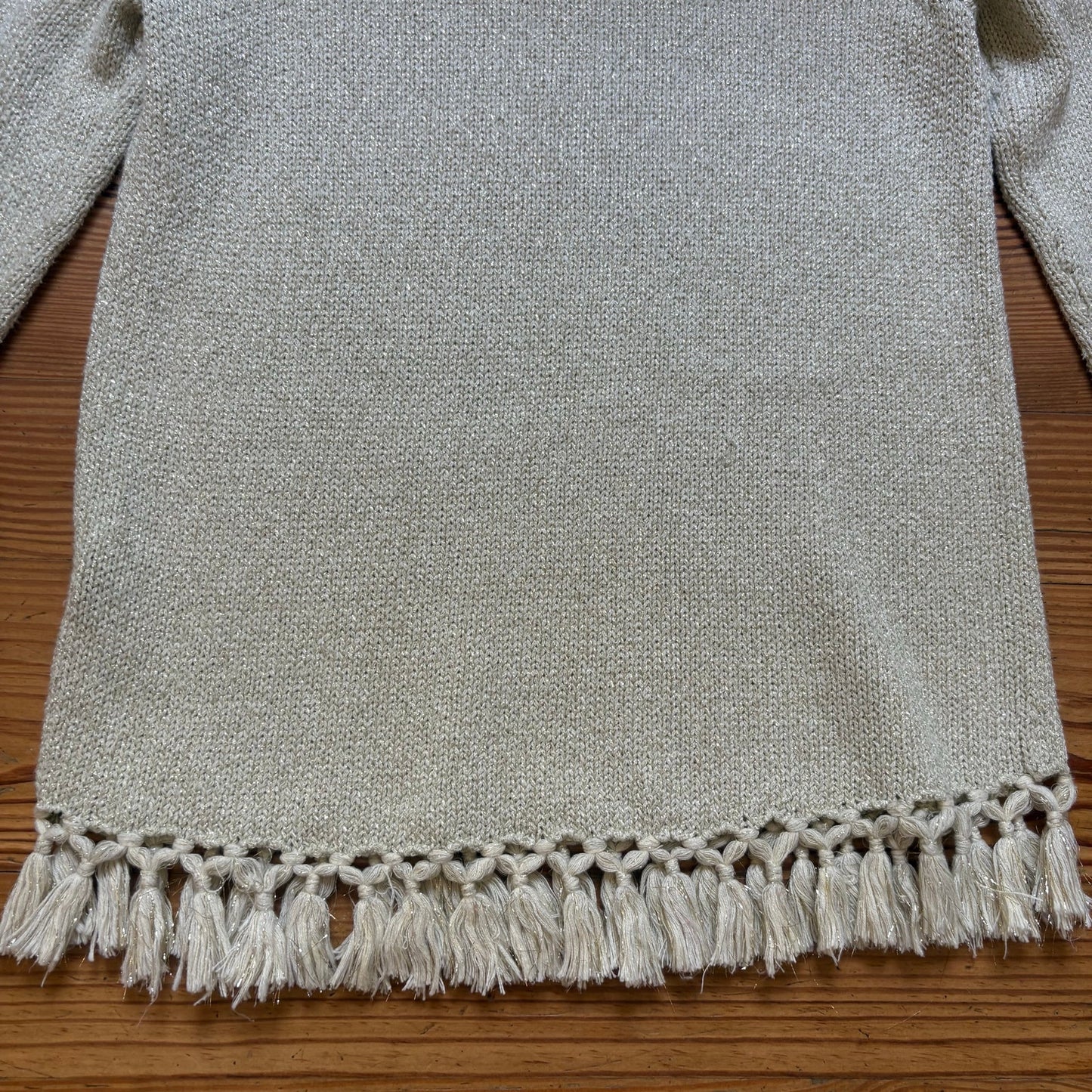 J. McLaughlin gold threaded tan tassel hem crew knit sweater SIZE S