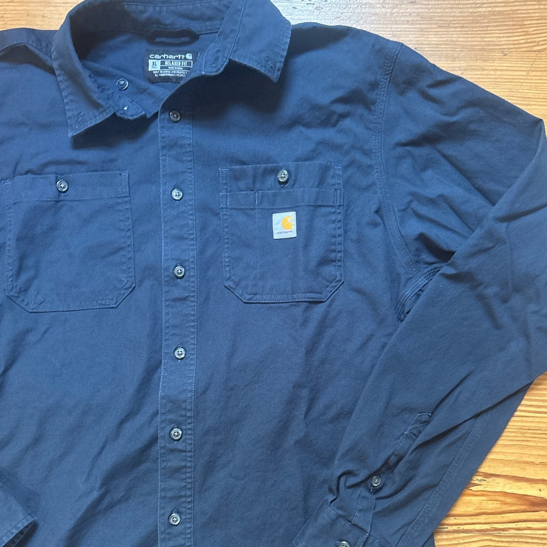 Carhartt dark navy relaxed fit cargo long sleeve button up SIZE XLT