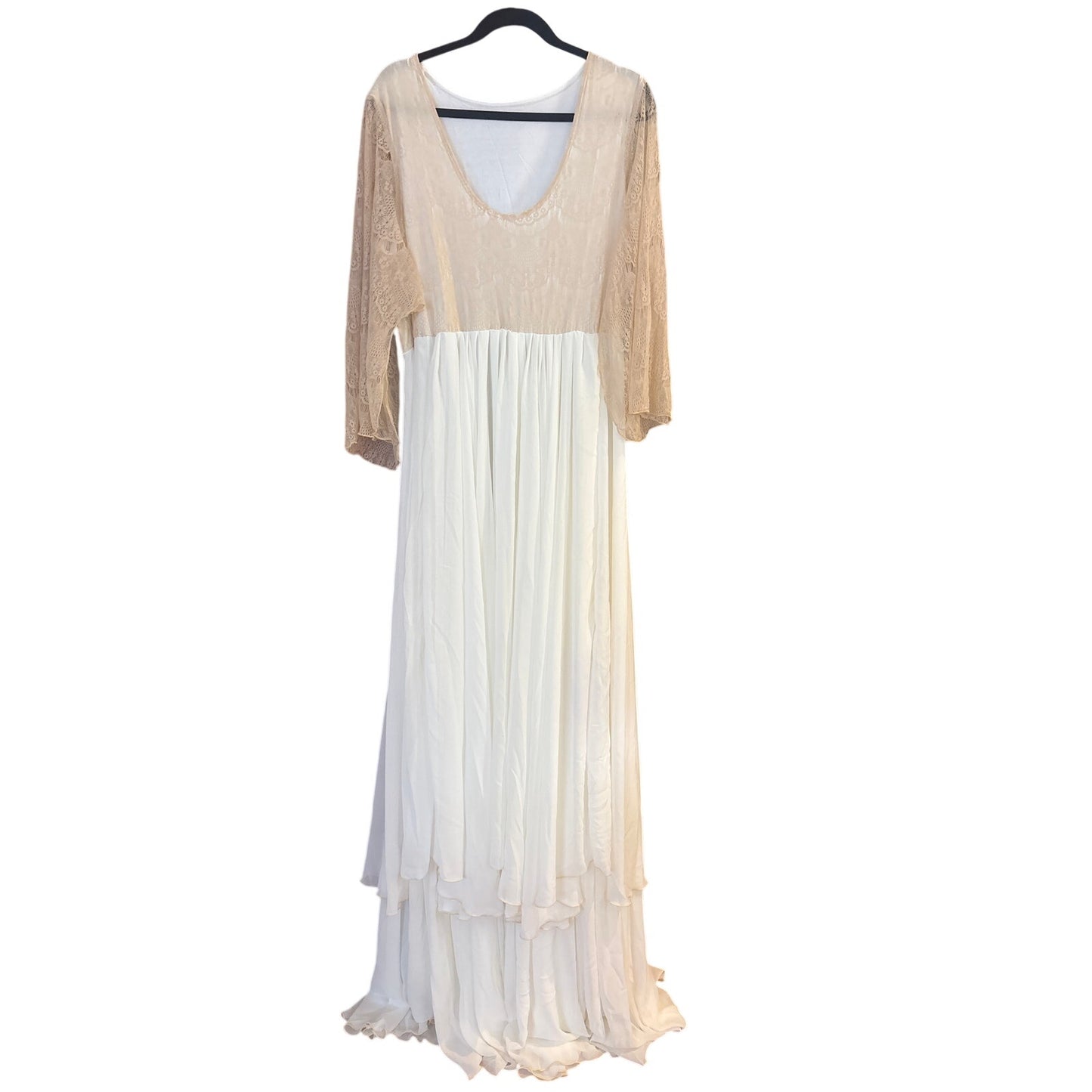 Boutique beige lace flutter sleeve tiered white chiffon formal dress SIZE 4X