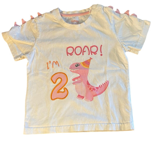 Boutique white pink dinosaur Happy Birthday 2 short sleeve shirt SIZE 2