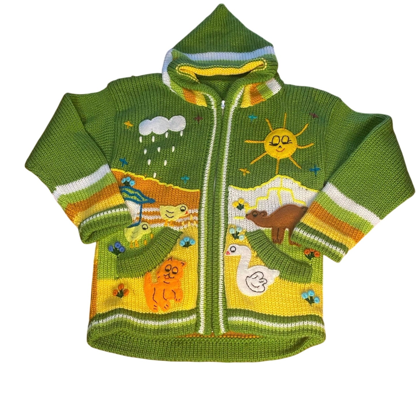 Green yellow spring animal woodland full zip knit unisex sweater SIZE 6