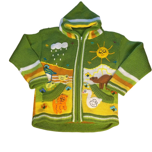 Green yellow spring animal woodland full zip knit unisex sweater SIZE 6