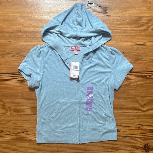 NWT Juicy Couture blue velour cloth full zip hooded short sleeve top SIZE S