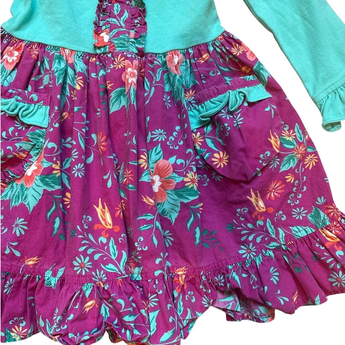 Eleanor Rose teal blue long sleeve purple floral ruffle fit flare dress SIZE 3/4