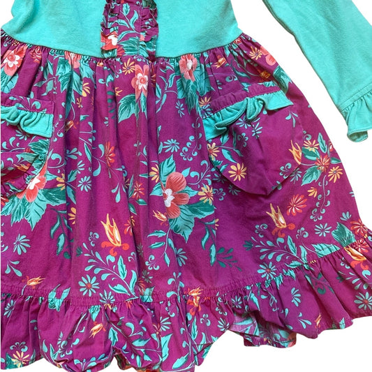 Eleanor Rose teal blue long sleeve purple floral ruffle fit flare dress SIZE 3/4