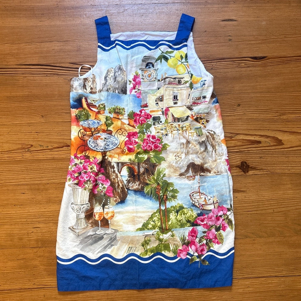 Talbots white blue trim coastal scene linen cotton shift dress SIZE 18