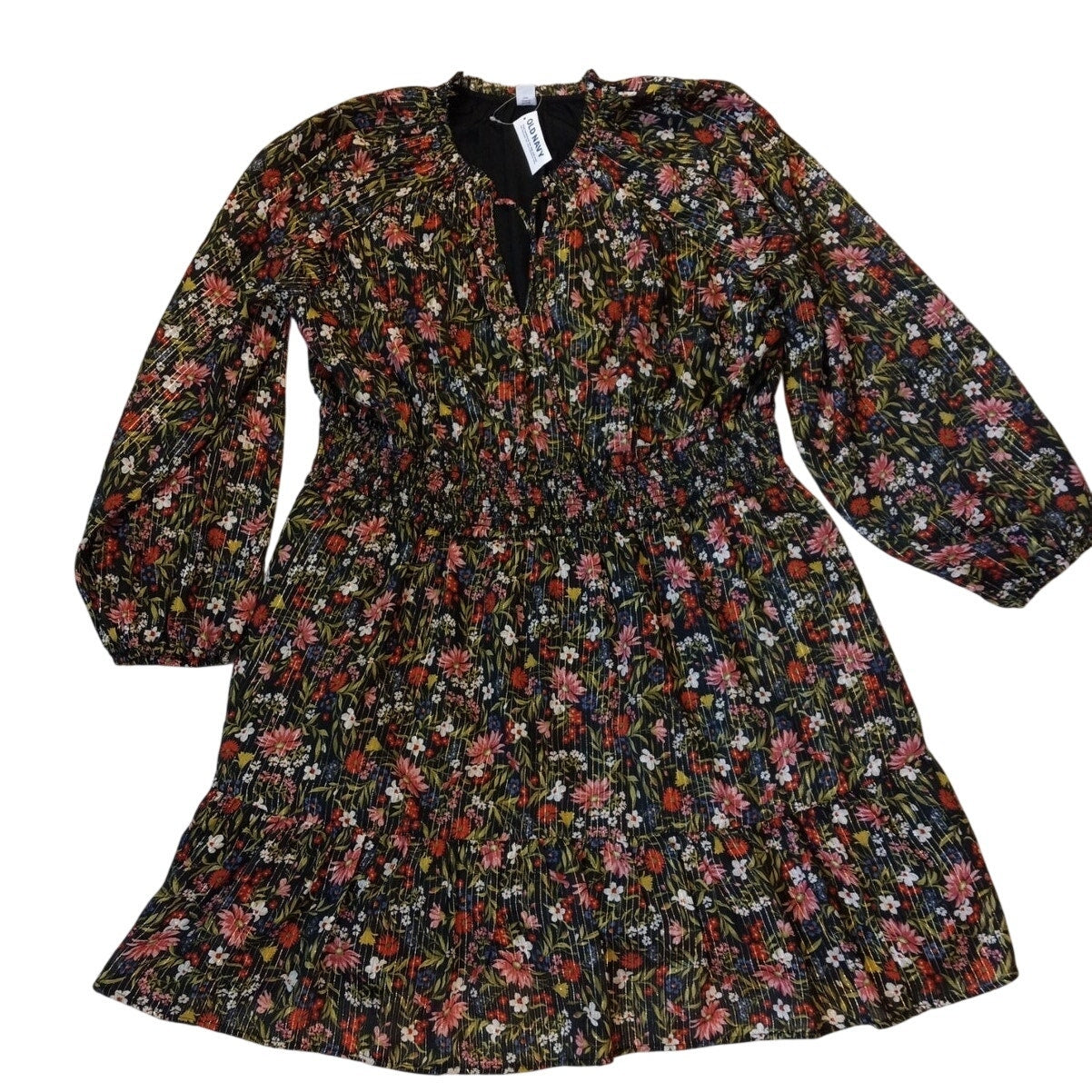 NWT Old Navy black floral print ruched waist long puff sleeve mini dress SIZE XL