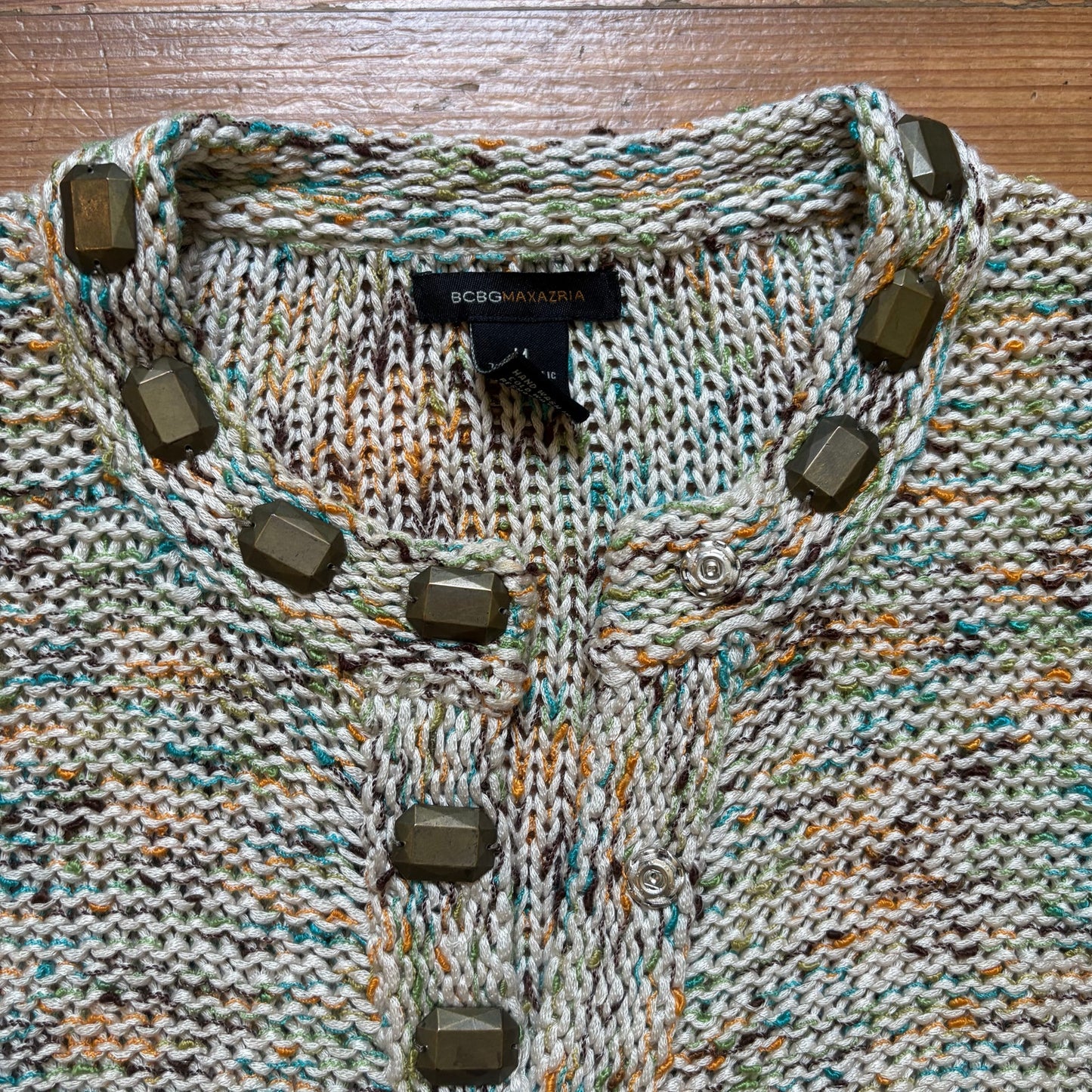 BCBGMAXAZRIA colorful loose knit studded snap cardigan sweater SIZE M