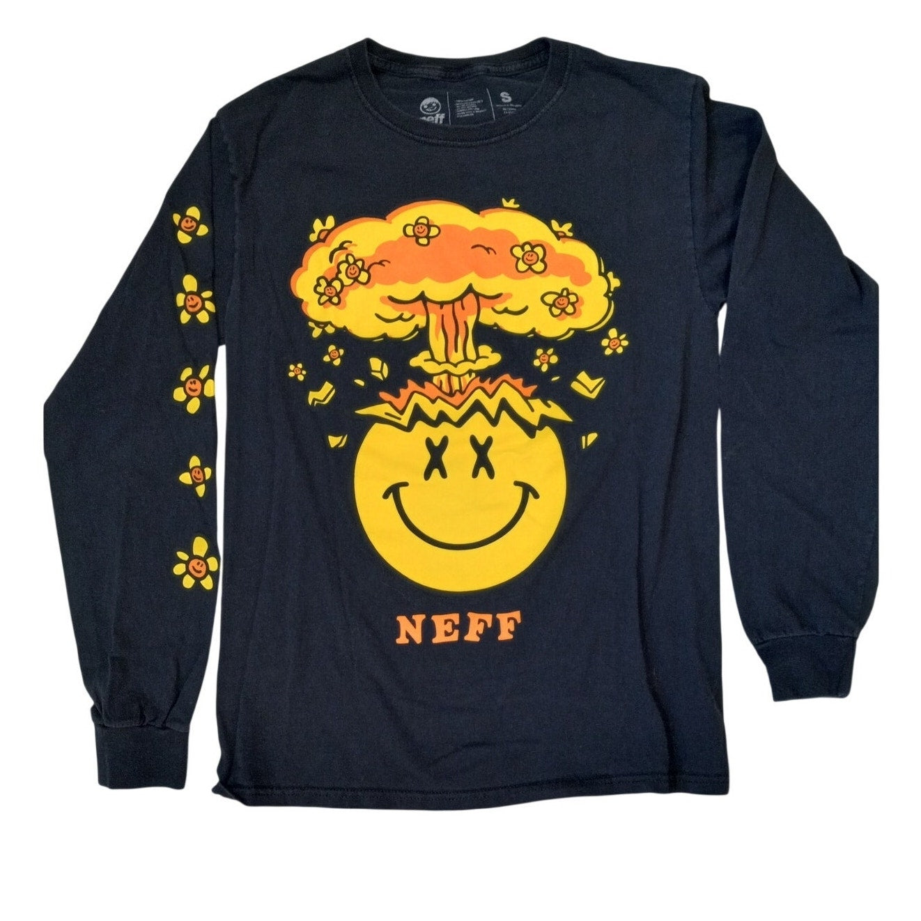 Neff black yellow smily face explosion graphic long sleeve shirt SIZE S