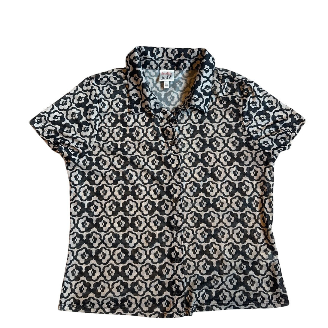 Belle Du Jour black white floral cheer short sleeve button up blouse SIZE XL