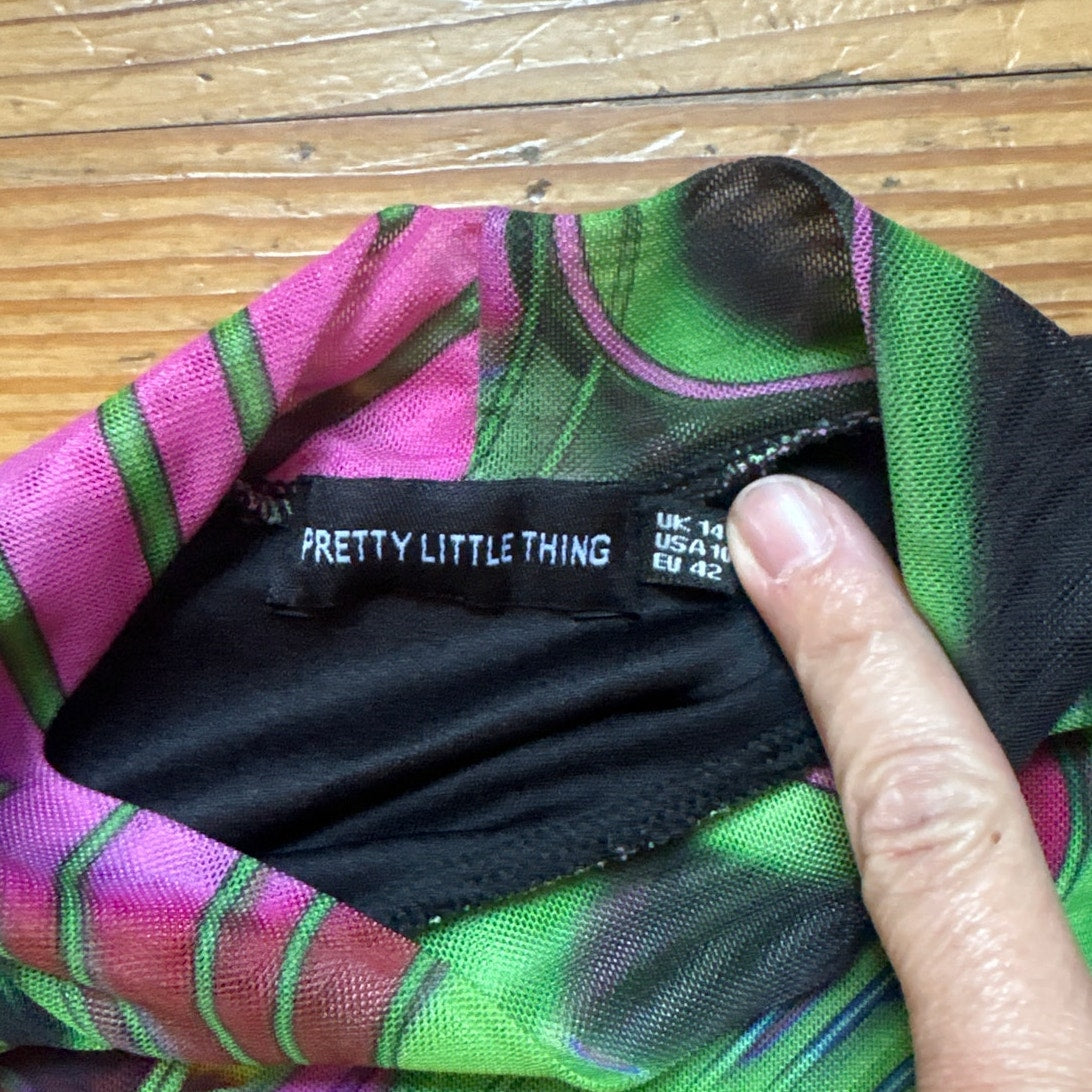 PrettyLittleThing abstract sheer long sleeve bodycon turtleneck dress SIZE 10