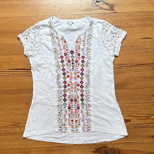 Sundance white colorful floral embroidered lace short sleeve cotton shirt SIZE M