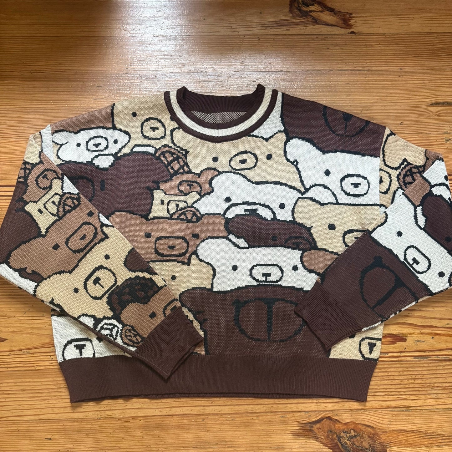 Shein brown cream teddy bear kidcore cropped crew sweater SIZE L