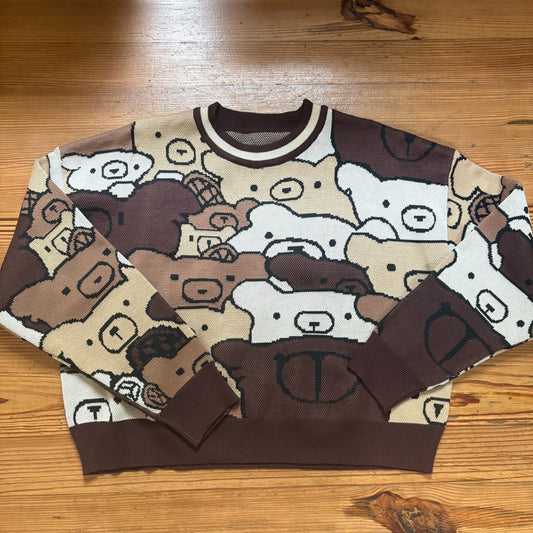 Shein brown cream teddy bear kidcore cropped crew sweater SIZE L