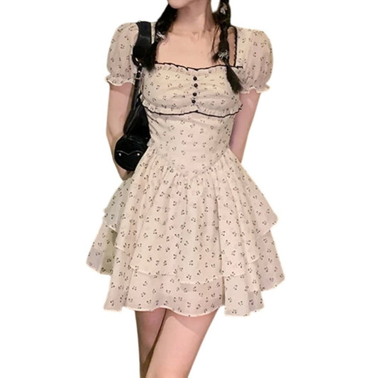 7. Mukeke white black floral puff sleeve french vintage zipper mini dress SIZE S