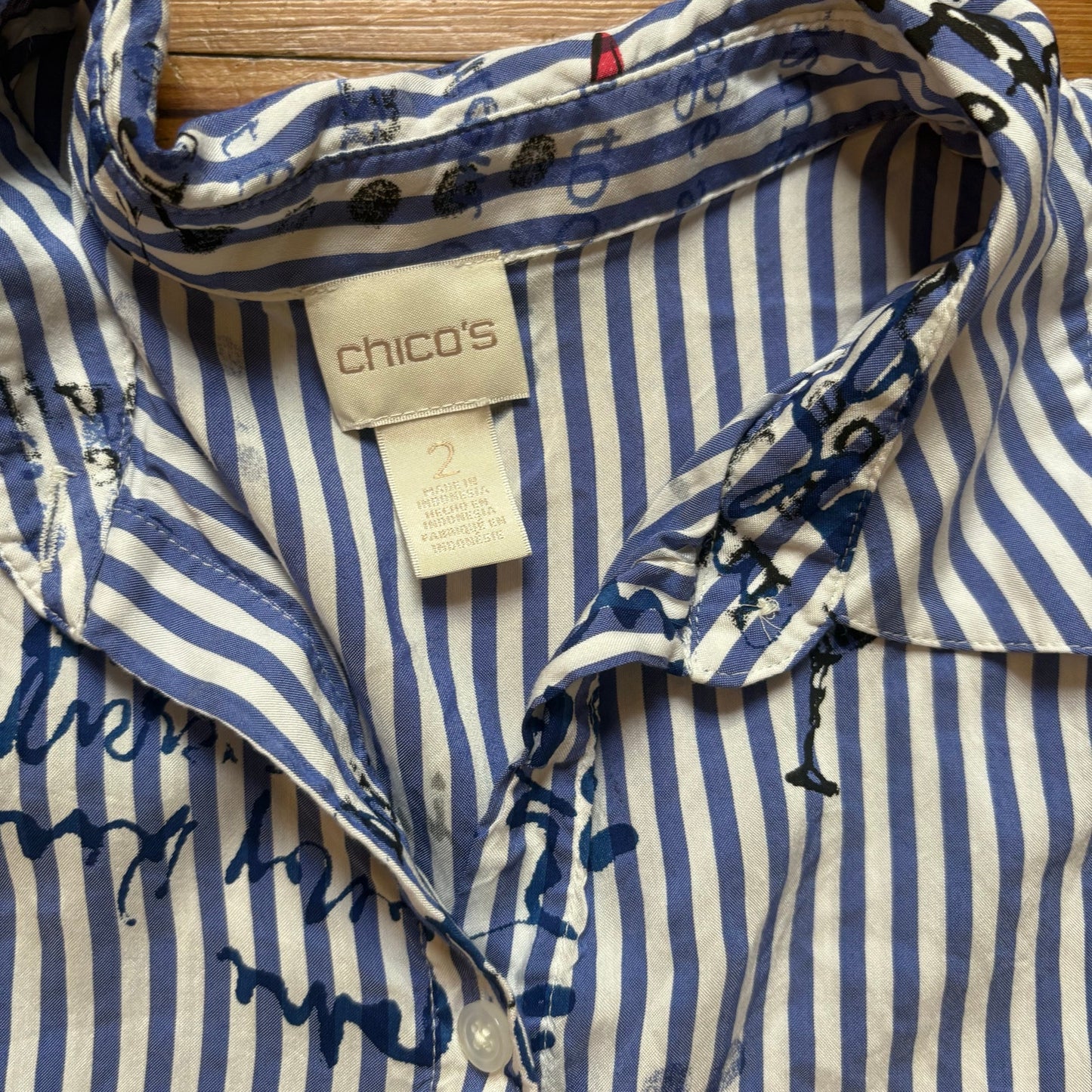 Chico's blue white striped Amalfi button up long sleeve shirt SIZE 12