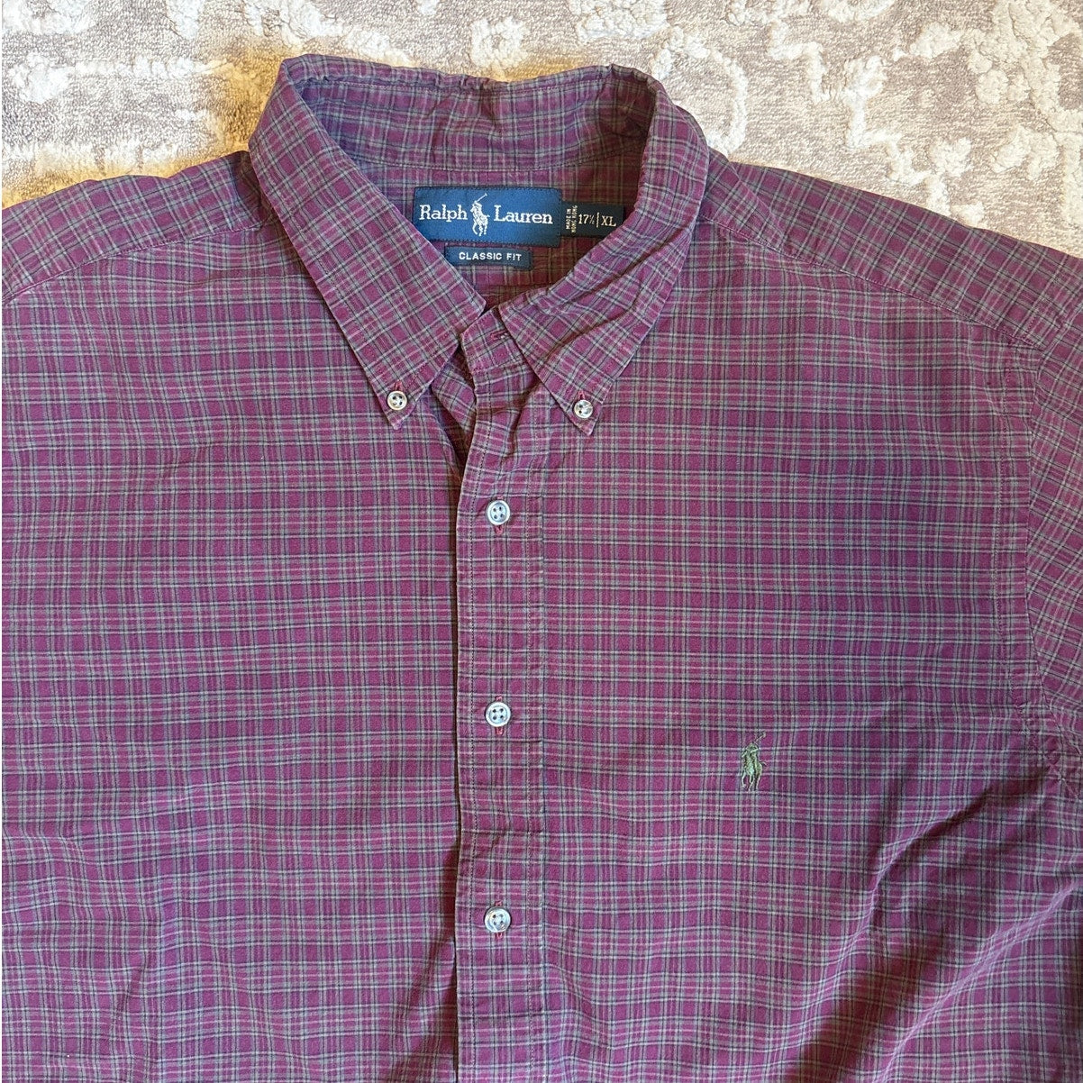 Ralph Lauren dark red green plaid long sleeve classic mens dress shirt SIZE XL