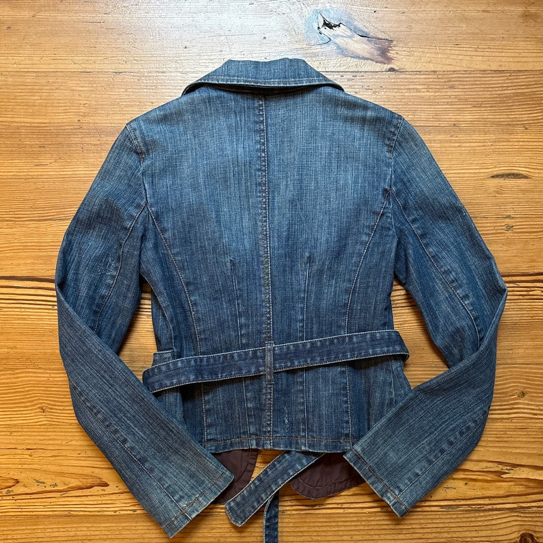 Y2k Cache dark wash belted jeweled button denim blazer jacket SIZE 2