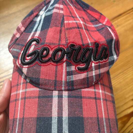 Georgia Bulldogs red black checkered embroidered lettering baseball hat