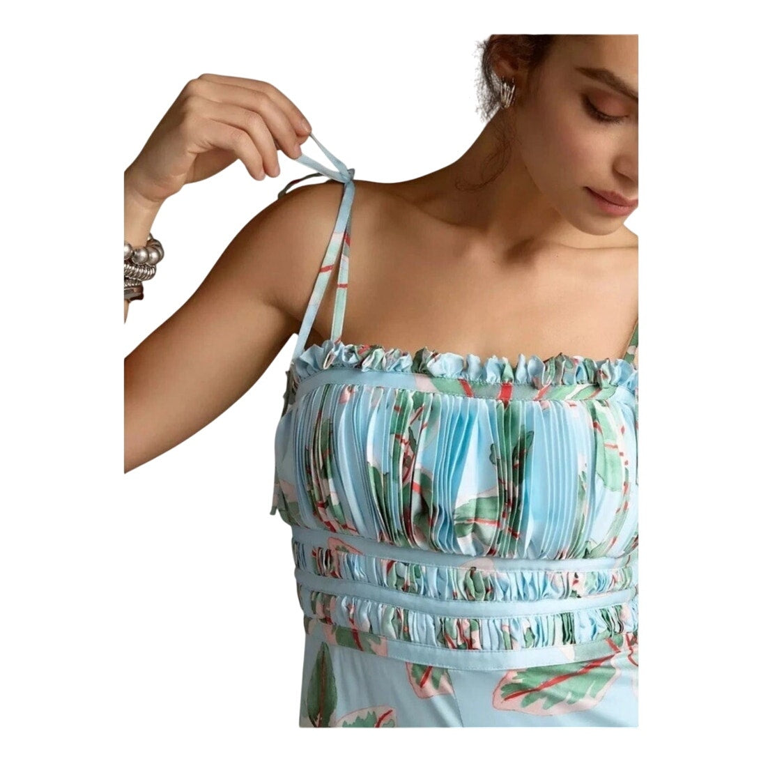 Anthropologie Hutch blue floral tropical resort ruched wide leg jumpsuit SIZE 4